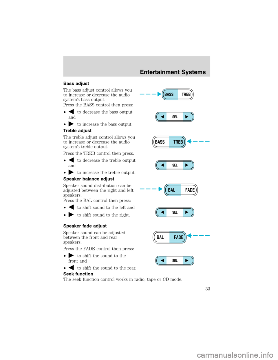 FORD F650 2003 10.G Owners Manual Bass adjust
The bass adjust control allows you
to increase or decrease the audio
system’s bass output.
Press the BASS control then press:
•
to decrease the bass output
and
•
to increase the bass