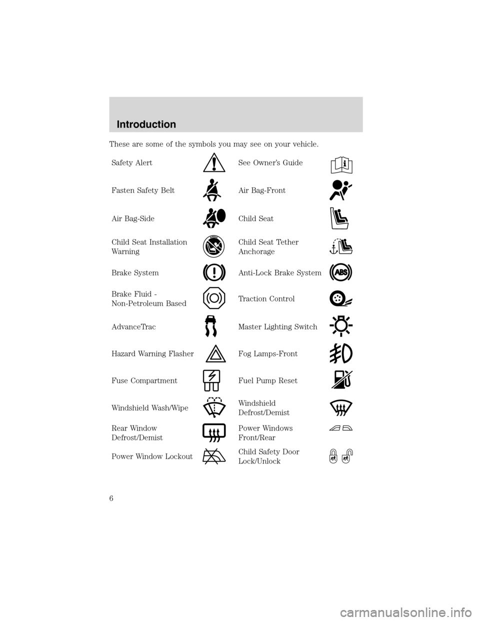 FORD F750 2003 10.G Owners Manual These are some of the symbols you may see on your vehicle.
Safety Alert
See Owner’s Guide
Fasten Safety BeltAir Bag-Front
Air Bag-SideChild Seat
Child Seat Installation
WarningChild Seat Tether
Anch