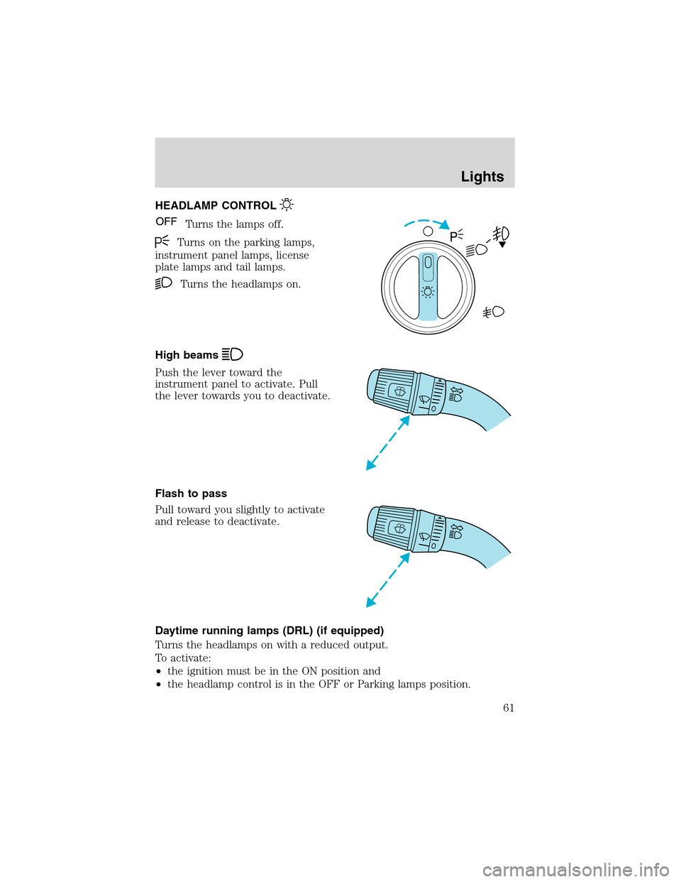 FORD F650 2003 10.G Owners Manual HEADLAMP CONTROL
Turns the lamps off.
Turns on the parking lamps,
instrument panel lamps, license
plate lamps and tail lamps.
Turns the headlamps on.
High beams
Push the lever toward the
instrument pa