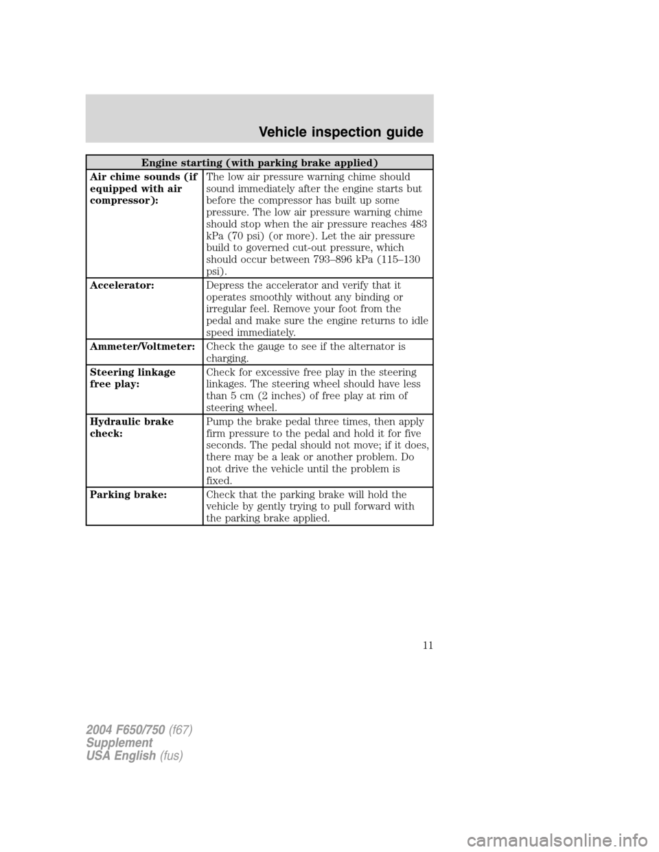 FORD F650 2004 11.G User Guide Engine starting (with parking brake applied)
Air chime sounds (if
equipped with air
compressor):The low air pressure warning chime should
sound immediately after the engine starts but
before the compr FORD F650 2004 11.G User Guide Engine starting (with parking brake applied)
Air chime sounds (if
equipped with air
compressor):The low air pressure warning chime should
sound immediately after the engine starts but
before the compr