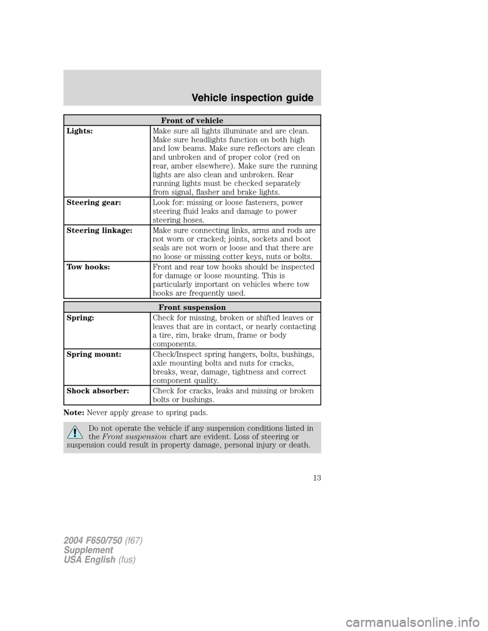 FORD F650 2004 11.G User Guide Front of vehicle
Lights:Make sure all lights illuminate and are clean.
Make sure headlights function on both high
and low beams. Make sure reflectors are clean
and unbroken and of proper color (red on FORD F650 2004 11.G User Guide Front of vehicle
Lights:Make sure all lights illuminate and are clean.
Make sure headlights function on both high
and low beams. Make sure reflectors are clean
and unbroken and of proper color (red on