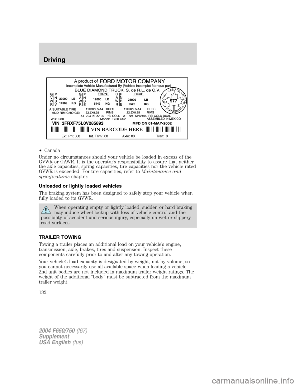 FORD F650 2004 11.G Owners Manual •Canada
Under no circumstances should your vehicle be loaded in excess of the
GVWR or GAWR. It is the operator’s responsibility to assure that neither
the axle capacities, spring capacities, tire FORD F650 2004 11.G Owners Manual •Canada
Under no circumstances should your vehicle be loaded in excess of the
GVWR or GAWR. It is the operator’s responsibility to assure that neither
the axle capacities, spring capacities, tire