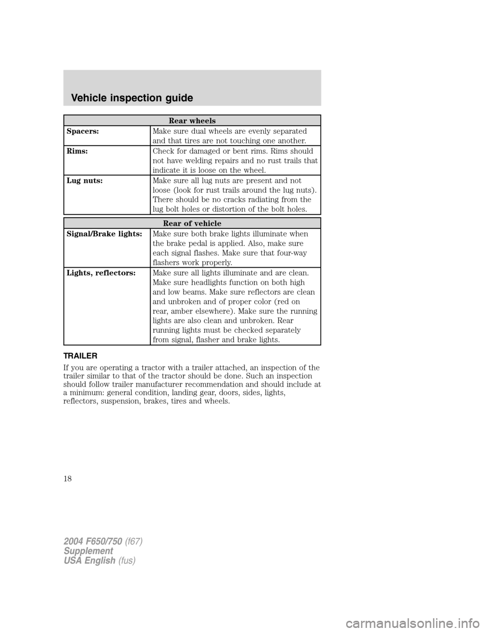 FORD F650 2004 11.G User Guide Rear wheels
Spacers:Make sure dual wheels are evenly separated
and that tires are not touching one another.
Rims:Check for damaged or bent rims. Rims should
not have welding repairs and no rust trails