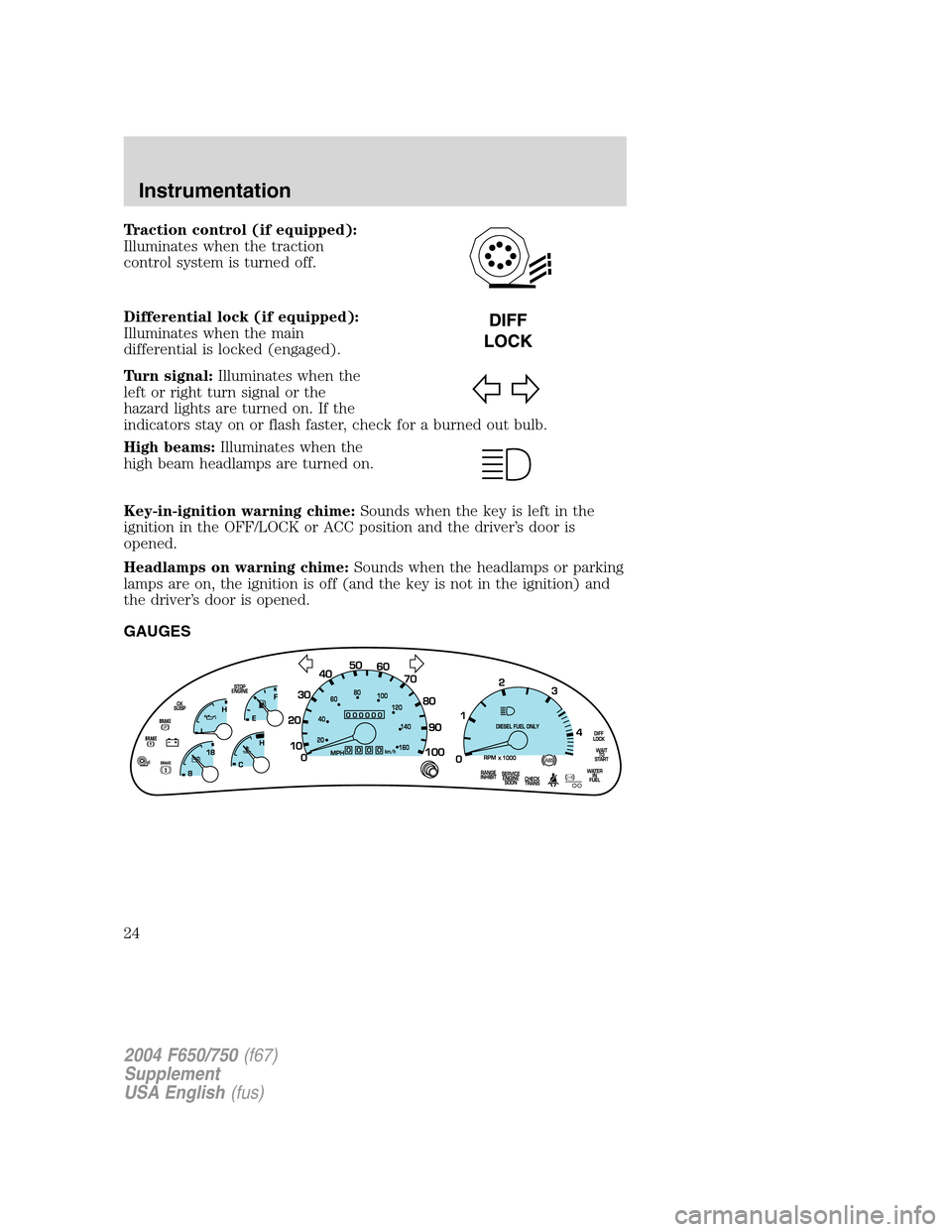 FORD F650 2004 11.G Owners Manual Traction control (if equipped):
Illuminates when the traction
control system is turned off.
Differential lock (if equipped):
Illuminates when the main
differential is locked (engaged).
Turn signal:Ill