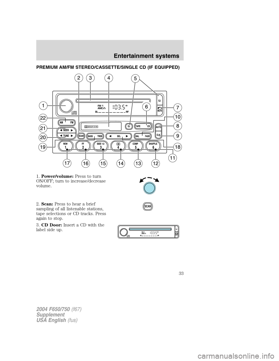 FORD F650 2004 11.G Owners Guide PREMIUM AM/FM STEREO/CASSETTE/SINGLE CD (IF EQUIPPED)
1.Power/volume:Press to turn
ON/OFF; turn to increase/decrease
volume.
2.Scan:Press to hear a brief
sampling of all listenable stations,
tape sele