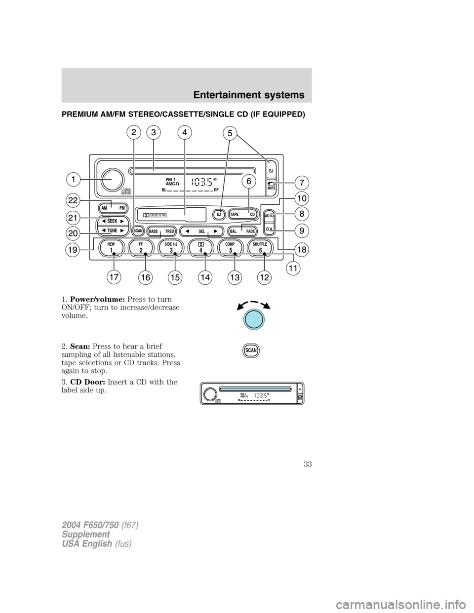 FORD F650 2004 11.G Owners Guide PREMIUM AM/FM STEREO/CASSETTE/SINGLE CD (IF EQUIPPED)
1.Power/volume:Press to turn
ON/OFF; turn to increase/decrease
volume.
2.Scan:Press to hear a brief
sampling of all listenable stations,
tape sele FORD F650 2004 11.G Owners Guide PREMIUM AM/FM STEREO/CASSETTE/SINGLE CD (IF EQUIPPED)
1.Power/volume:Press to turn
ON/OFF; turn to increase/decrease
volume.
2.Scan:Press to hear a brief
sampling of all listenable stations,
tape sele