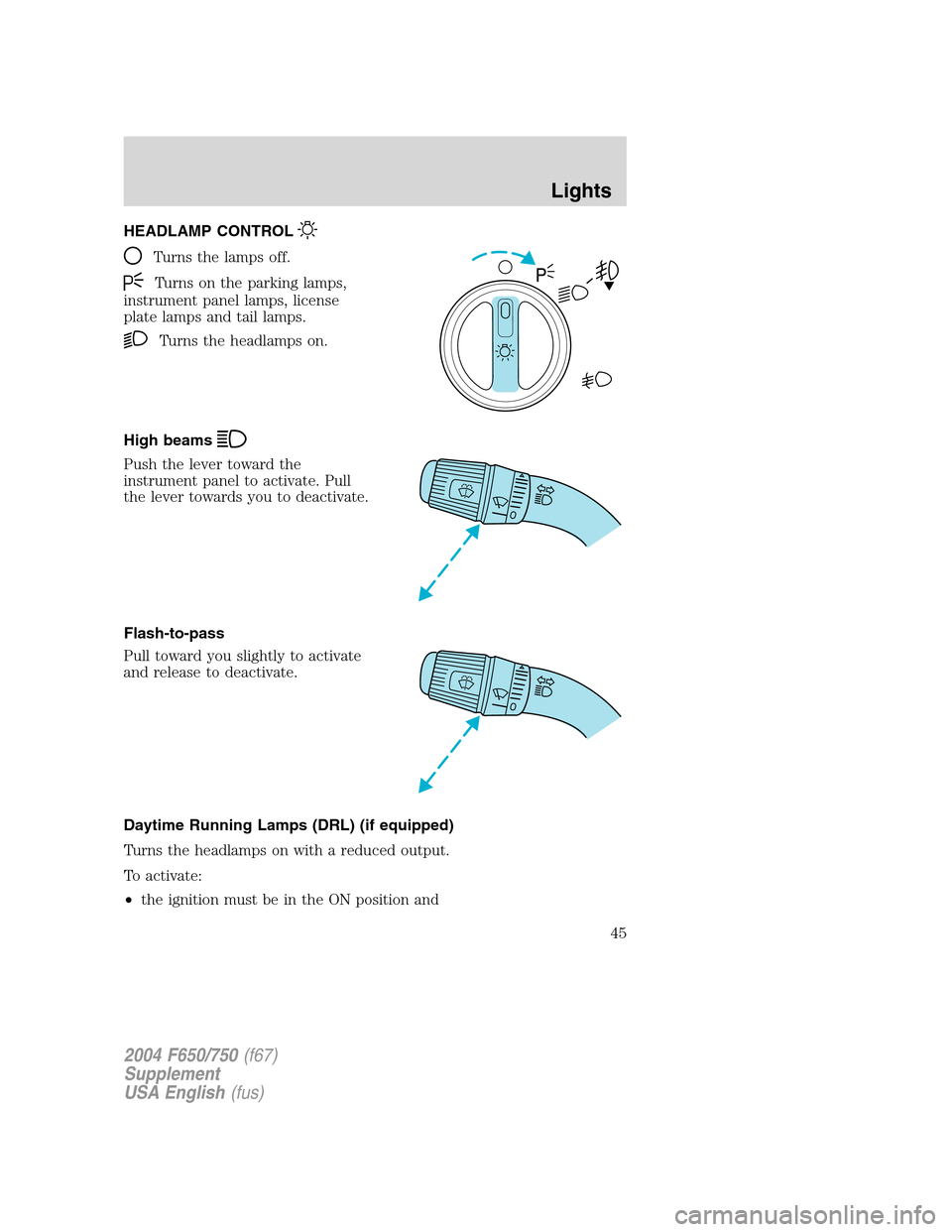 FORD F750 2004 11.G Service Manual HEADLAMP CONTROL
Turns the lamps off.
Turns on the parking lamps,
instrument panel lamps, license
plate lamps and tail lamps.
Turns the headlamps on.
High beams
Push the lever toward the
instrument pa FORD F750 2004 11.G Service Manual HEADLAMP CONTROL
Turns the lamps off.
Turns on the parking lamps,
instrument panel lamps, license
plate lamps and tail lamps.
Turns the headlamps on.
High beams
Push the lever toward the
instrument pa
