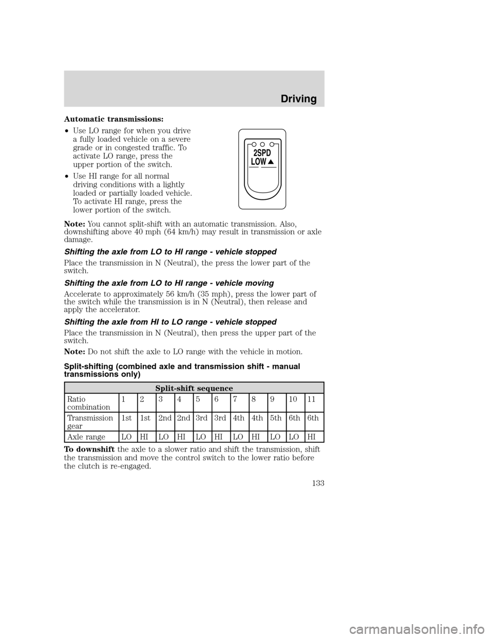 FORD F650 2005 11.G Owners Manual Automatic transmissions:
•Use LO range for when you drive
a fully loaded vehicle on a severe
grade or in congested traffic. To
activate LO range, press the
upper portion of the switch.
•Use HI ran FORD F650 2005 11.G Owners Manual Automatic transmissions:
•Use LO range for when you drive
a fully loaded vehicle on a severe
grade or in congested traffic. To
activate LO range, press the
upper portion of the switch.
•Use HI ran