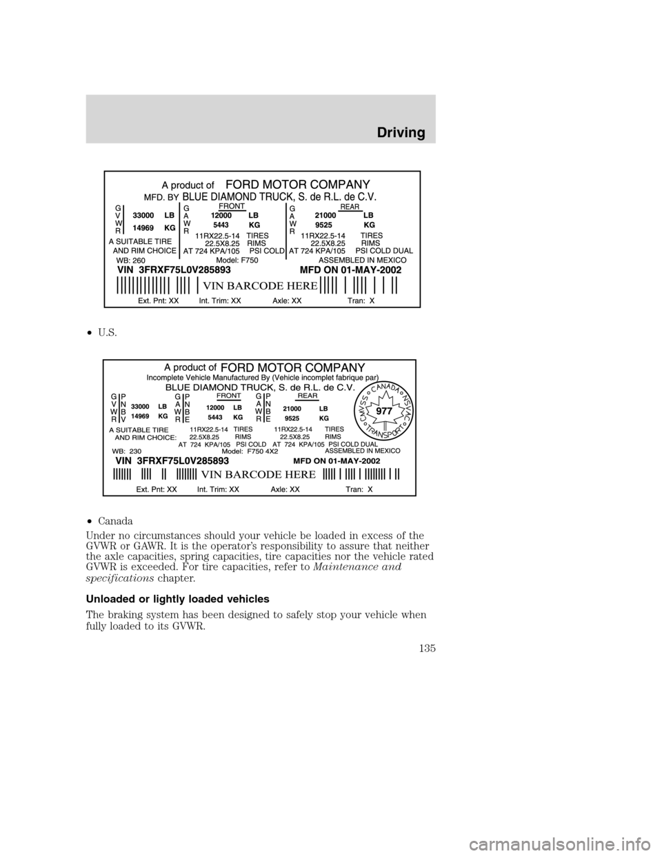 FORD F650 2005 11.G Owners Manual •U.S.
•Canada
Under no circumstances should your vehicle be loaded in excess of the
GVWR or GAWR. It is the operator’s responsibility to assure that neither
the axle capacities, spring capacitie FORD F650 2005 11.G Owners Manual •U.S.
•Canada
Under no circumstances should your vehicle be loaded in excess of the
GVWR or GAWR. It is the operator’s responsibility to assure that neither
the axle capacities, spring capacitie
