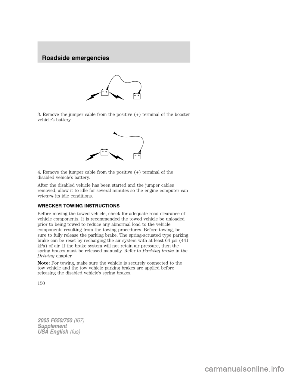 FORD F650 2005 11.G User Guide 3. Remove the jumper cable from the positive (+) terminal of the booster
vehicle’s battery.
4. Remove the jumper cable from the positive (+) terminal of the
disabled vehicle’s battery.
After the d FORD F650 2005 11.G User Guide 3. Remove the jumper cable from the positive (+) terminal of the booster
vehicle’s battery.
4. Remove the jumper cable from the positive (+) terminal of the
disabled vehicle’s battery.
After the d