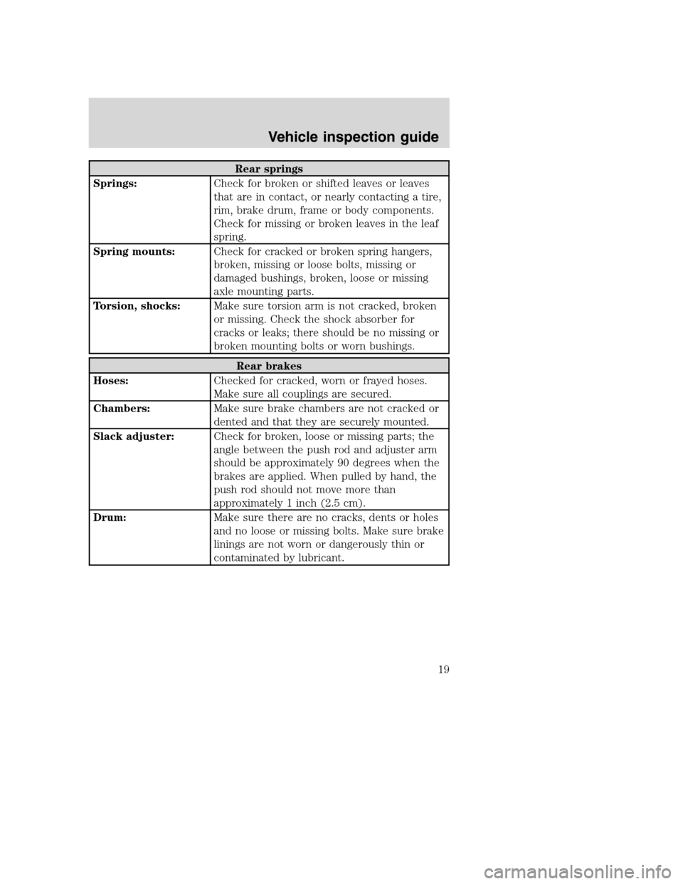 FORD F650 2005 11.G User Guide Rear springs
Springs:Check for broken or shifted leaves or leaves
that are in contact, or nearly contacting a tire,
rim, brake drum, frame or body components.
Check for missing or broken leaves in the FORD F650 2005 11.G User Guide Rear springs
Springs:Check for broken or shifted leaves or leaves
that are in contact, or nearly contacting a tire,
rim, brake drum, frame or body components.
Check for missing or broken leaves in the