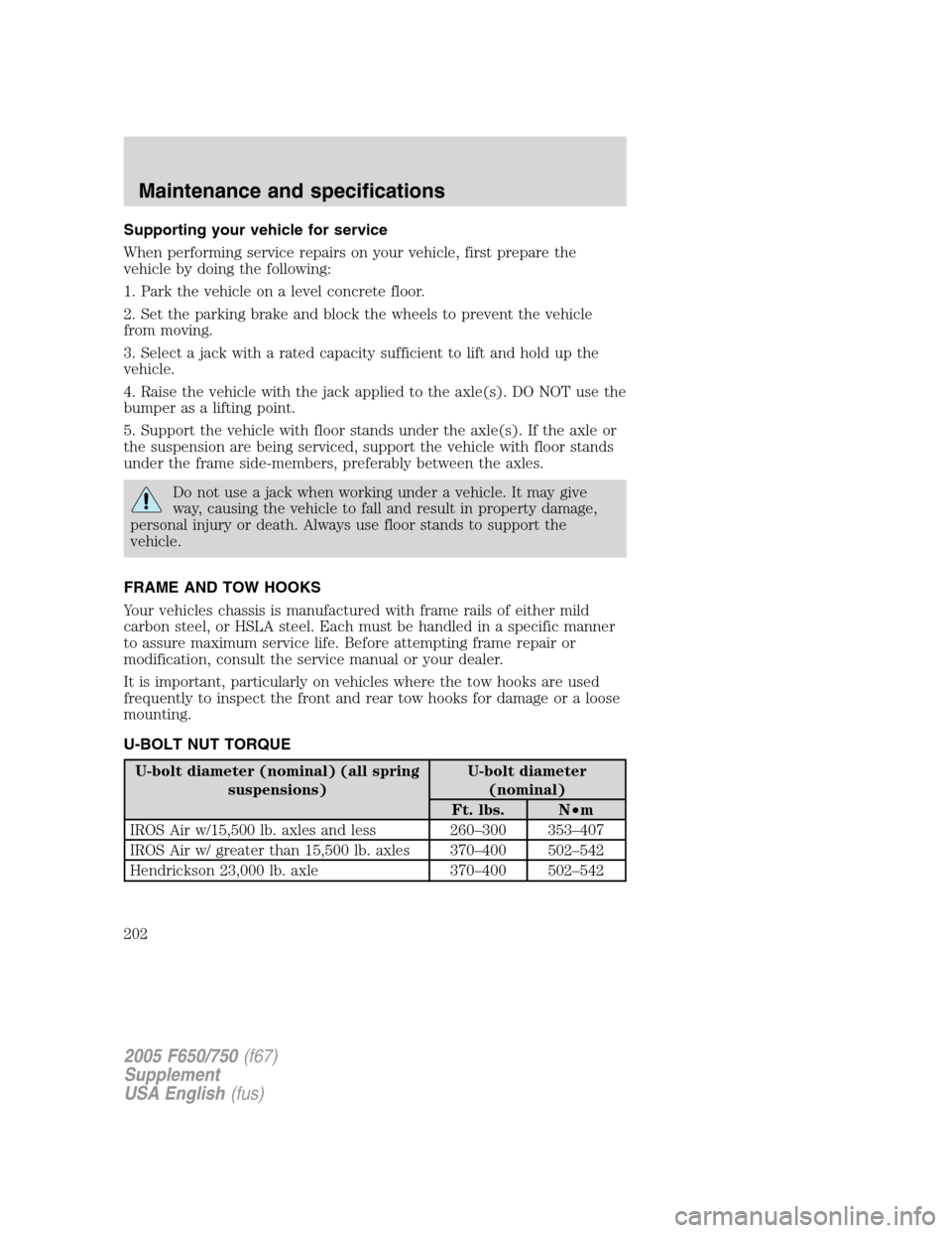 FORD F650 2005 11.G Owners Manual Supporting your vehicle for service
When performing service repairs on your vehicle, first prepare the
vehicle by doing the following:
1. Park the vehicle on a level concrete floor.
2. Set the parking FORD F650 2005 11.G Owners Manual Supporting your vehicle for service
When performing service repairs on your vehicle, first prepare the
vehicle by doing the following:
1. Park the vehicle on a level concrete floor.
2. Set the parking