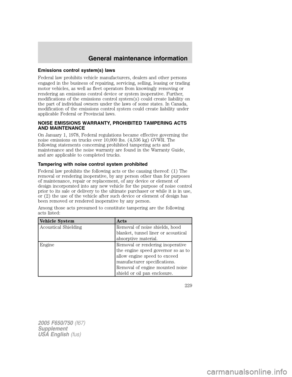 FORD F650 2005 11.G Owners Manual Emissions control system(s) laws
Federal law prohibits vehicle manufacturers, dealers and other persons
engaged in the business of repairing, servicing, selling, leasing or trading
motor vehicles, as FORD F650 2005 11.G Owners Manual Emissions control system(s) laws
Federal law prohibits vehicle manufacturers, dealers and other persons
engaged in the business of repairing, servicing, selling, leasing or trading
motor vehicles, as