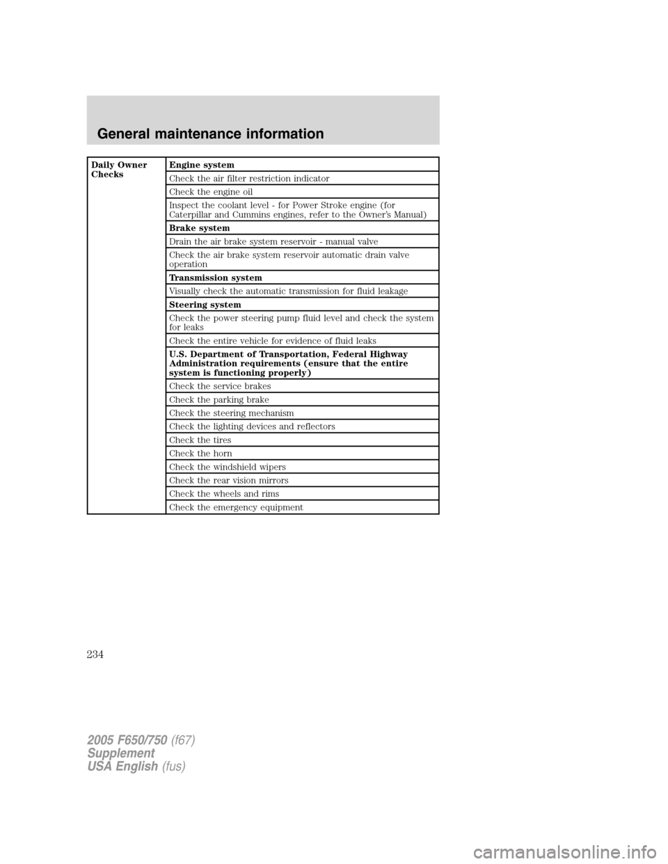 FORD F650 2005 11.G Owners Guide Daily Owner
ChecksEngine system
Check the air filter restriction indicator
Check the engine oil
Inspect the coolant level - for Power Stroke engine (for
Caterpillar and Cummins engines, refer to the O FORD F650 2005 11.G Owners Guide Daily Owner
ChecksEngine system
Check the air filter restriction indicator
Check the engine oil
Inspect the coolant level - for Power Stroke engine (for
Caterpillar and Cummins engines, refer to the O