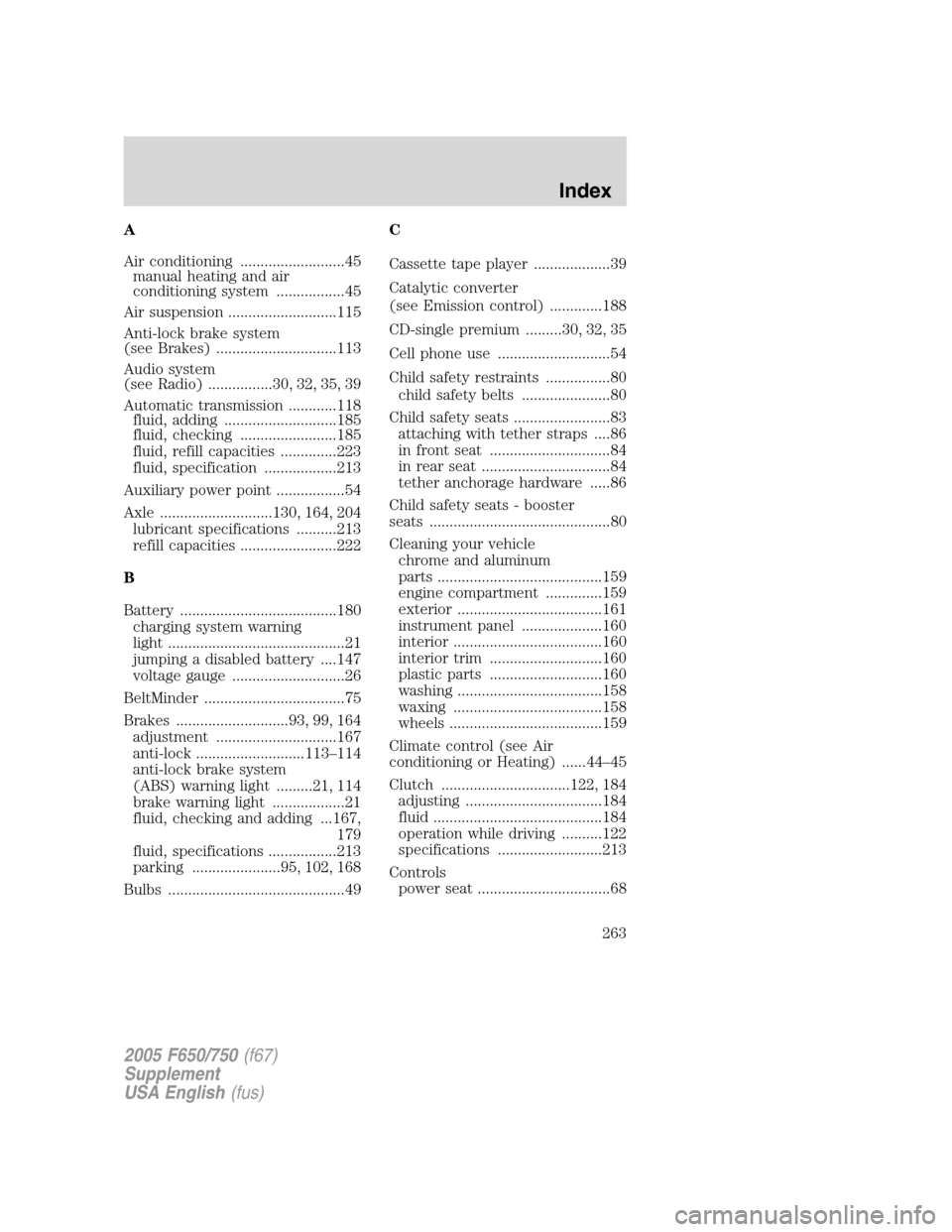 FORD F650 2005 11.G Owners Manual A
Air conditioning ..........................45
manual heating and air
conditioning system .................45
Air suspension ...........................115
Anti-lock brake system
(see Brakes) .......