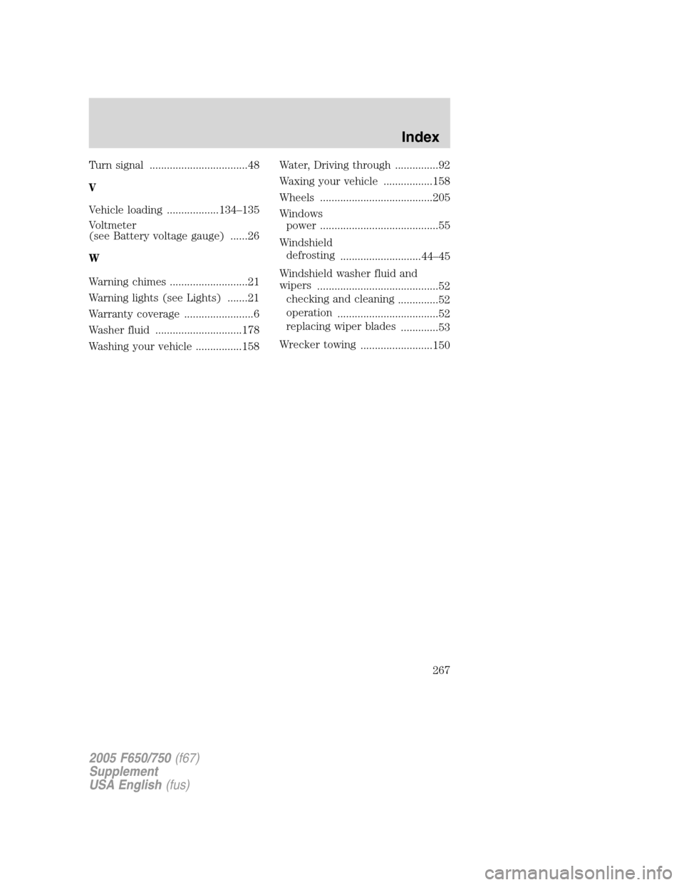 FORD F750 2005 11.G Owners Manual Turn signal ..................................48
V
Vehicle loading ..................134–135
Voltmeter
(see Battery voltage gauge) ......26
W
Warning chimes ...........................21
Warning lig