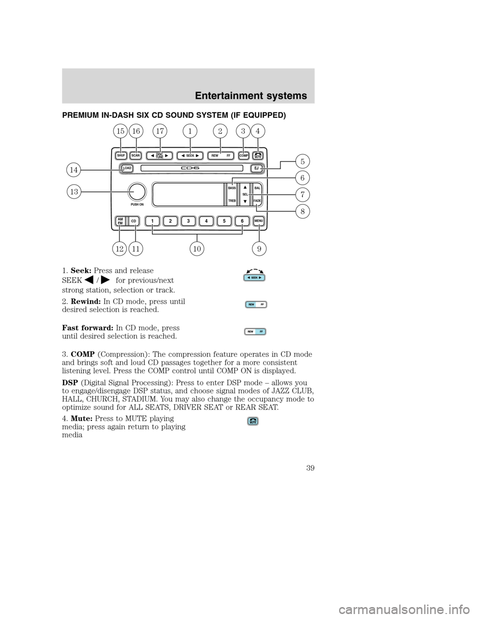 FORD F750 2005 11.G Owners Guide PREMIUM IN-DASH SIX CD SOUND SYSTEM (IF EQUIPPED)
1.Seek:Press and release
SEEK
/for previous/next
strong station, selection or track.
2.Rewind:In CD mode, press until
desired selection is reached.
Fa