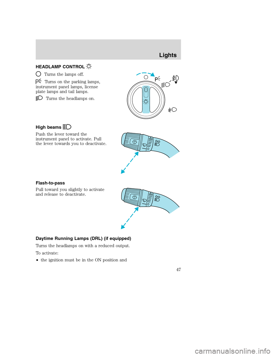 FORD F750 2005 11.G Owners Manual HEADLAMP CONTROL
Turns the lamps off.
Turns on the parking lamps,
instrument panel lamps, license
plate lamps and tail lamps.
Turns the headlamps on.
High beams
Push the lever toward the
instrument pa