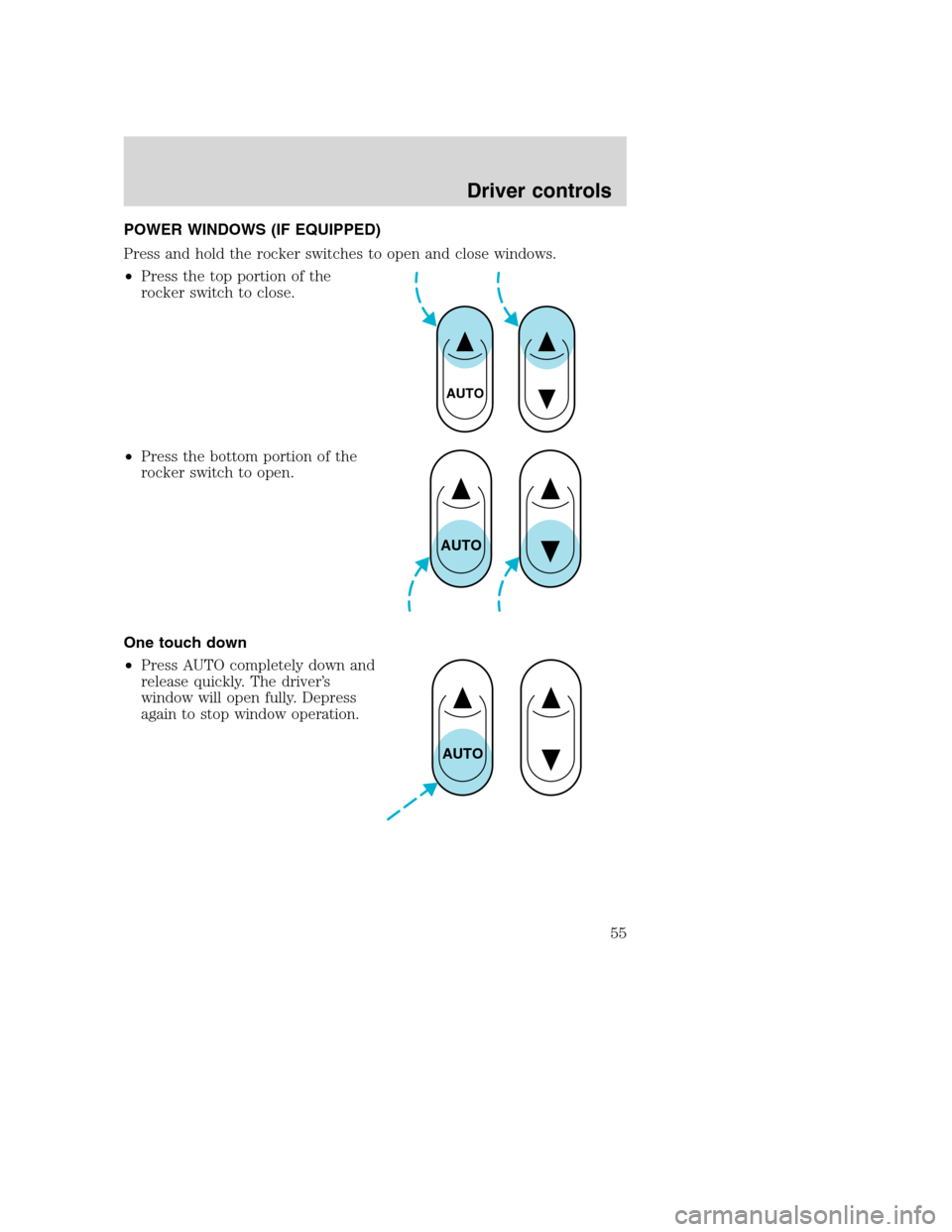 FORD F650 2005 11.G Owners Manual POWER WINDOWS (IF EQUIPPED)
Press and hold the rocker switches to open and close windows.
•Press the top portion of the
rocker switch to close.
•Press the bottom portion of the
rocker switch to op