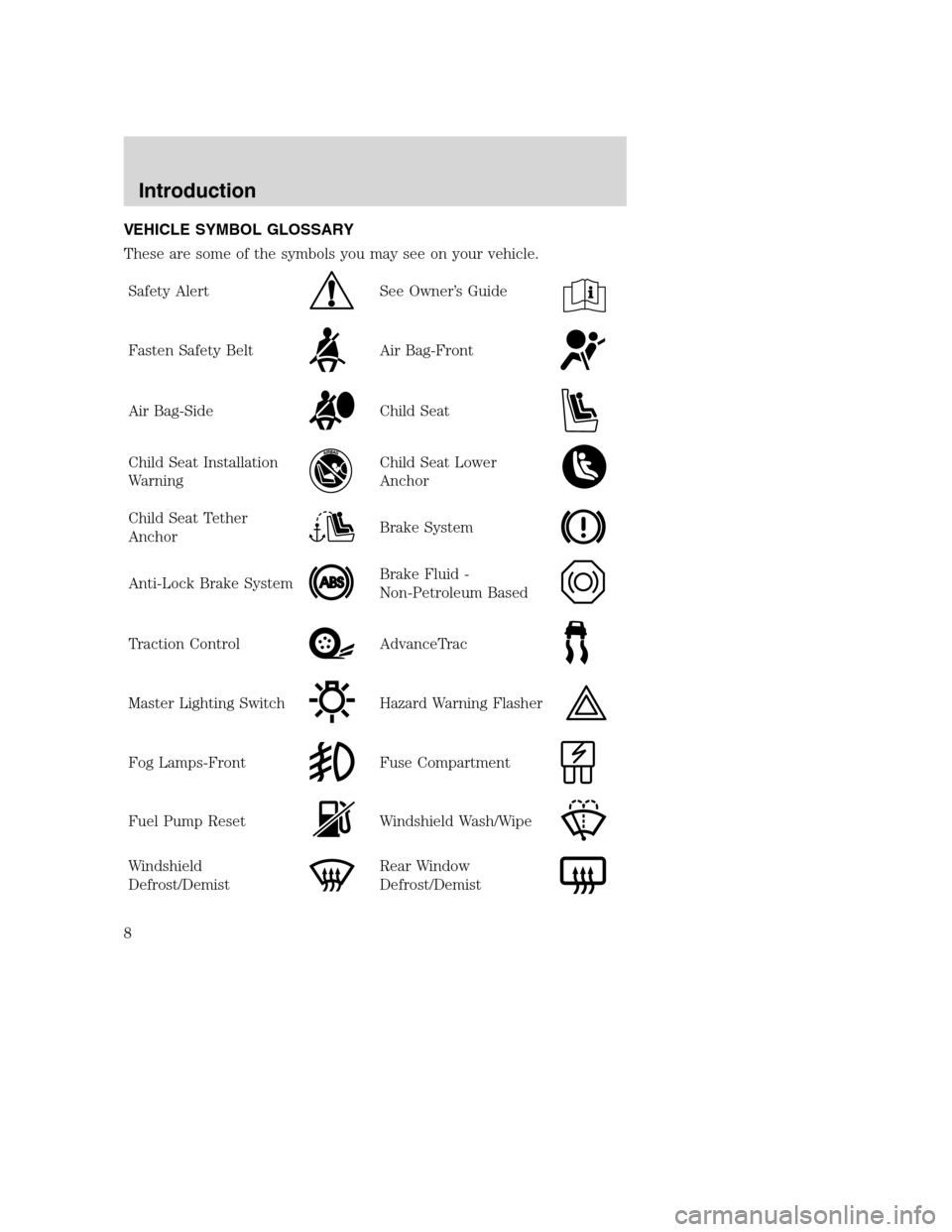 FORD F650 2005 11.G Owners Manual VEHICLE SYMBOL GLOSSARY
These are some of the symbols you may see on your vehicle.
Safety Alert
See Owner’s Guide
Fasten Safety BeltAir Bag-Front
Air Bag-SideChild Seat
Child Seat Installation
Warni FORD F650 2005 11.G Owners Manual VEHICLE SYMBOL GLOSSARY
These are some of the symbols you may see on your vehicle.
Safety Alert
See Owner’s Guide
Fasten Safety BeltAir Bag-Front
Air Bag-SideChild Seat
Child Seat Installation
Warni