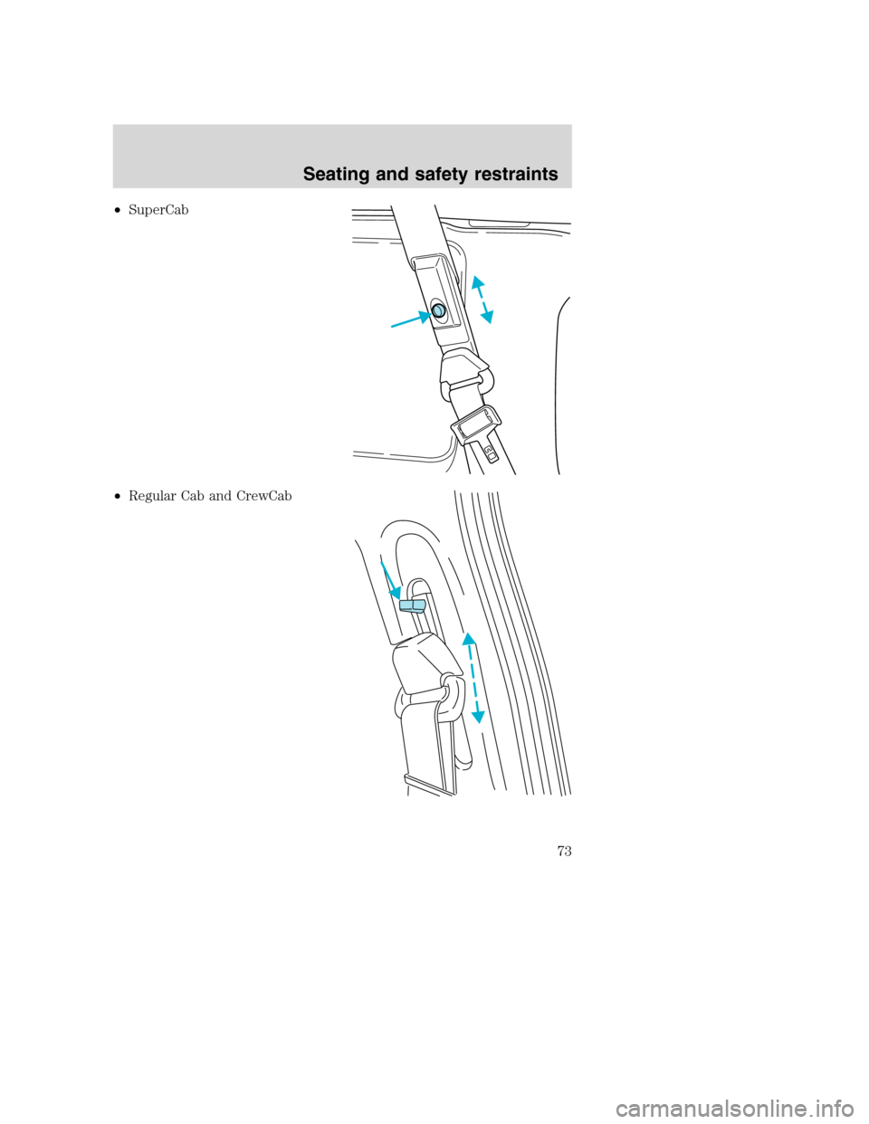 FORD F750 2005 11.G Manual PDF •SuperCab
•Regular Cab and CrewCab
Seating and safety restraints
73 