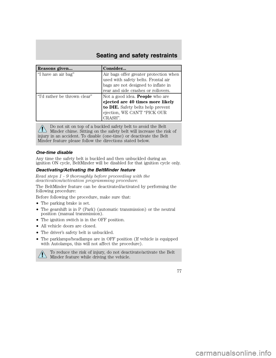 FORD F750 2005 11.G Owners Manual Reasons given... Consider...
“I have an air bag”Air bags offer greater protection when
used with safety belts. Frontal air
bags are not designed to inflate in
rear and side crashes or rollovers.
�