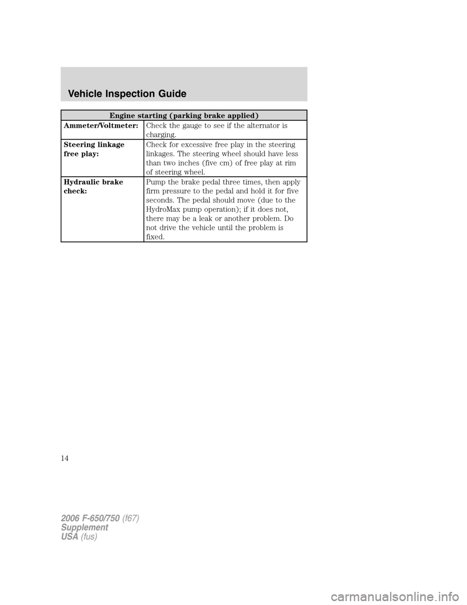 FORD F650 2006 11.G User Guide Engine starting (parking brake applied)
Ammeter/Voltmeter:Check the gauge to see if the alternator is
charging.
Steering linkage
free play:Check for excessive free play in the steering
linkages. The s