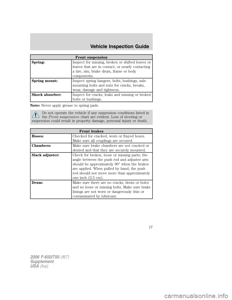 FORD F650 2006 11.G User Guide Front suspension
Spring:Inspect for missing, broken or shifted leaves or
leaves that are in contact, or nearly contacting
a tire, rim, brake drum, frame or body
components.
Spring mount:Inspect spring FORD F650 2006 11.G User Guide Front suspension
Spring:Inspect for missing, broken or shifted leaves or
leaves that are in contact, or nearly contacting
a tire, rim, brake drum, frame or body
components.
Spring mount:Inspect spring