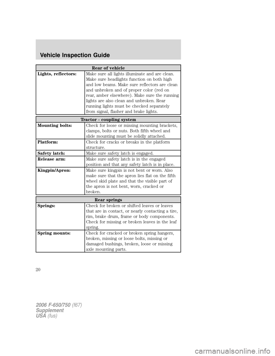 FORD F650 2006 11.G User Guide Rear of vehicle
Lights, reflectors:Make sure all lights illuminate and are clean.
Make sure headlights function on both high
and low beams. Make sure reflectors are clean
and unbroken and of proper co FORD F650 2006 11.G User Guide Rear of vehicle
Lights, reflectors:Make sure all lights illuminate and are clean.
Make sure headlights function on both high
and low beams. Make sure reflectors are clean
and unbroken and of proper co