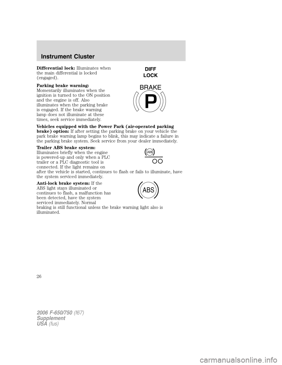 FORD F650 2006 11.G Owners Manual Differential lock:Illuminates when
the main differential is locked
(engaged).
Parking brake warning:
Momentarily illuminates when the
ignition is turned to the ON position
and the engine is off. Also
FORD F650 2006 11.G Owners Manual Differential lock:Illuminates when
the main differential is locked
(engaged).
Parking brake warning:
Momentarily illuminates when the
ignition is turned to the ON position
and the engine is off. Also