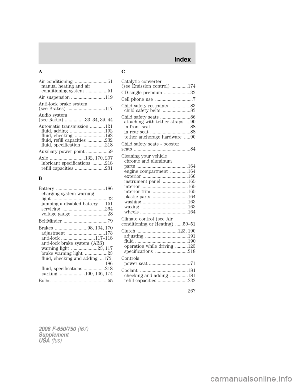 FORD F650 2006 11.G Owners Manual A
Air conditioning ..........................51
manual heating and air
conditioning system .................51
Air suspension ...........................119
Anti-lock brake system
(see Brakes) .......