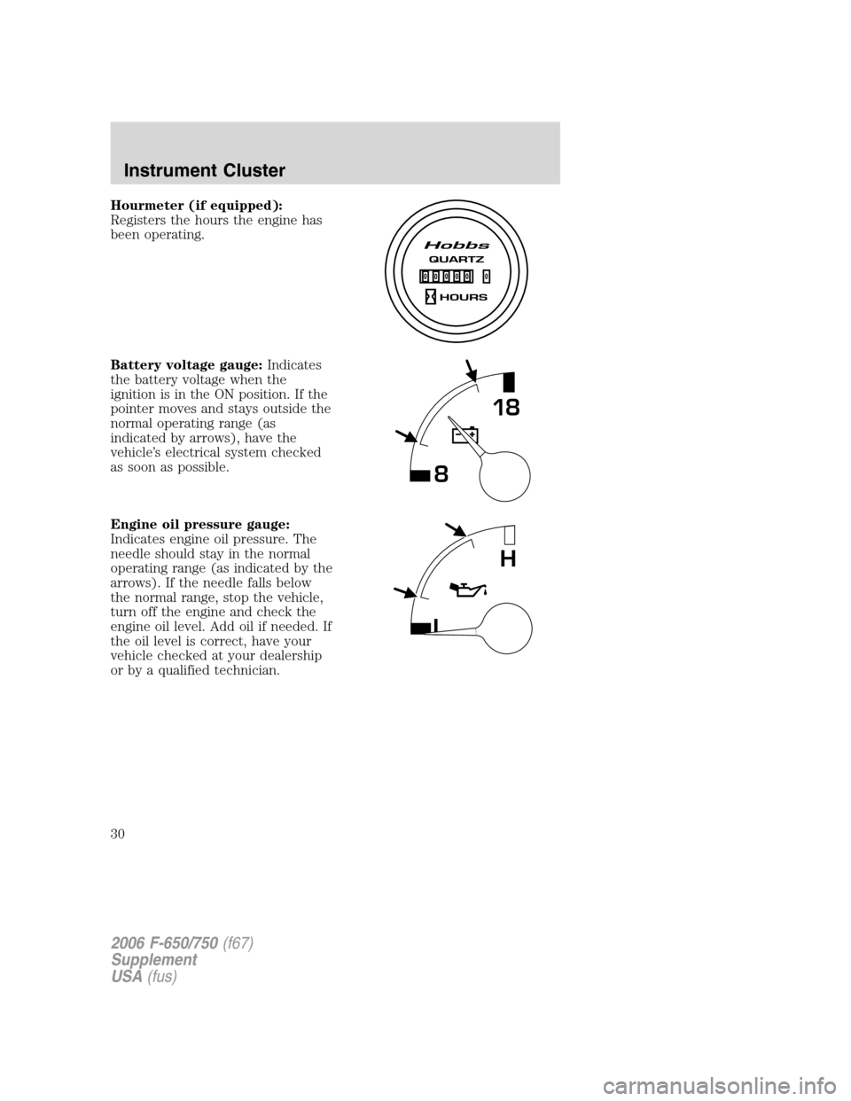 FORD F650 2006 11.G Owners Manual Hourmeter (if equipped):
Registers the hours the engine has
been operating.
Battery voltage gauge:Indicates
the battery voltage when the
ignition is in the ON position. If the
pointer moves and stays FORD F650 2006 11.G Owners Manual Hourmeter (if equipped):
Registers the hours the engine has
been operating.
Battery voltage gauge:Indicates
the battery voltage when the
ignition is in the ON position. If the
pointer moves and stays