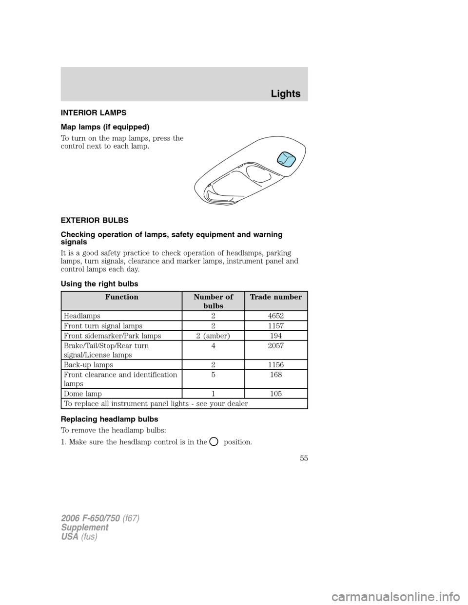 FORD F650 2006 11.G Owners Manual INTERIOR LAMPS
Map lamps (if equipped)
To turn on the map lamps, press the
control next to each lamp.
EXTERIOR BULBS
Checking operation of lamps, safety equipment and warning
signals
It is a good safe