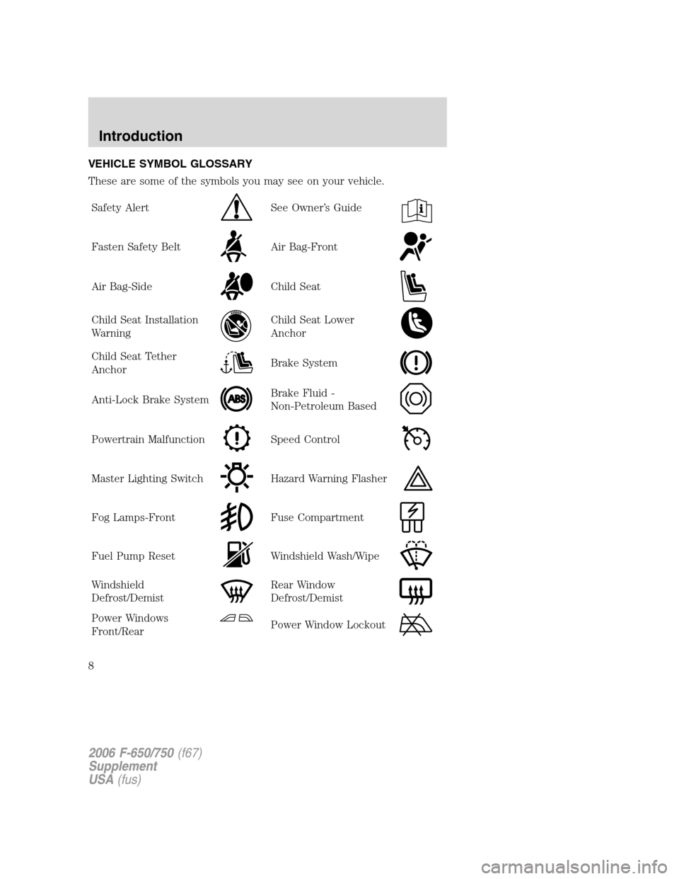 FORD F650 2006 11.G Owners Manual VEHICLE SYMBOL GLOSSARY
These are some of the symbols you may see on your vehicle.
Safety Alert
See Owner’s Guide
Fasten Safety BeltAir Bag-Front
Air Bag-SideChild Seat
Child Seat Installation
Warni