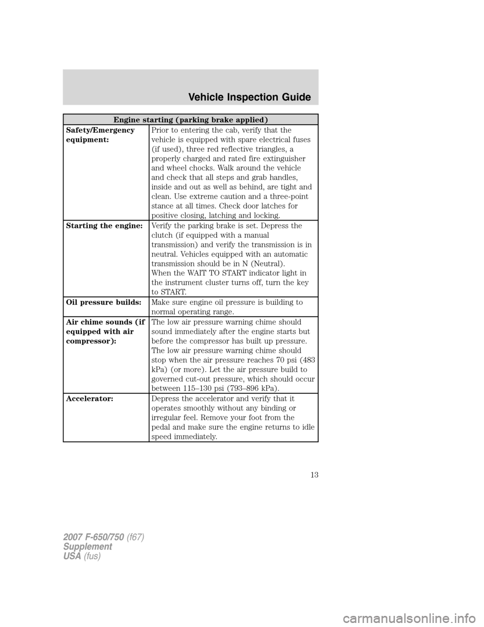 FORD F750 2007 11.G Owners Manual Engine starting (parking brake applied)
Safety/Emergency
equipment:Prior to entering the cab, verify that the
vehicle is equipped with spare electrical fuses
(if used), three red reflective triangles,