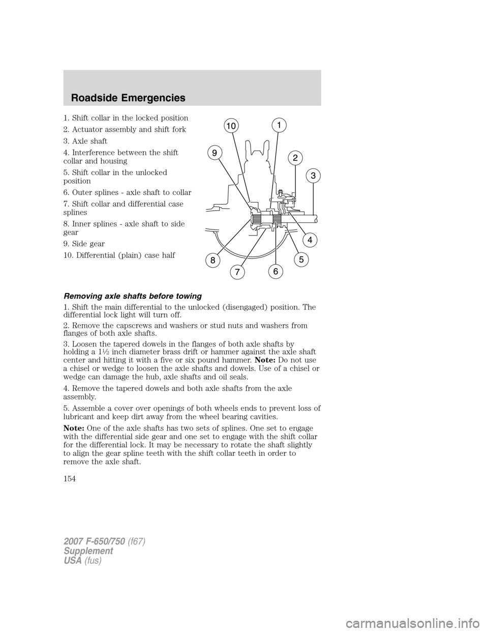 FORD F650 2007 11.G Owners Manual 1. Shift collar in the locked position
2. Actuator assembly and shift fork
3. Axle shaft
4. Interference between the shift
collar and housing
5. Shift collar in the unlocked
position
6. Outer splines FORD F650 2007 11.G Owners Manual 1. Shift collar in the locked position
2. Actuator assembly and shift fork
3. Axle shaft
4. Interference between the shift
collar and housing
5. Shift collar in the unlocked
position
6. Outer splines
