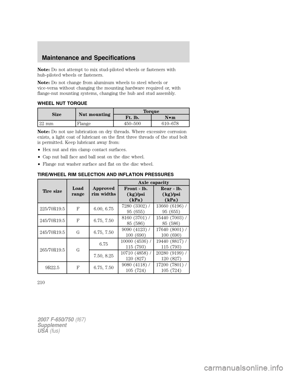 FORD F650 2007 11.G Owners Manual Note:Do not attempt to mix stud-piloted wheels or fasteners with
hub-piloted wheels or fasteners.
Note:Do not change from aluminum wheels to steel wheels or
vice-versa without changing the mounting ha FORD F650 2007 11.G Owners Manual Note:Do not attempt to mix stud-piloted wheels or fasteners with
hub-piloted wheels or fasteners.
Note:Do not change from aluminum wheels to steel wheels or
vice-versa without changing the mounting ha