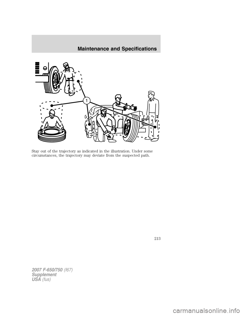 FORD F650 2007 11.G Owners Manual Stay out of the trajectory as indicated in the illustration. Under some
circumstances, the trajectory may deviate from the suspected path.
2007 F-650/750(f67)
Supplement
USA(fus)
Maintenance and Speci FORD F650 2007 11.G Owners Manual Stay out of the trajectory as indicated in the illustration. Under some
circumstances, the trajectory may deviate from the suspected path.
2007 F-650/750(f67)
Supplement
USA(fus)
Maintenance and Speci