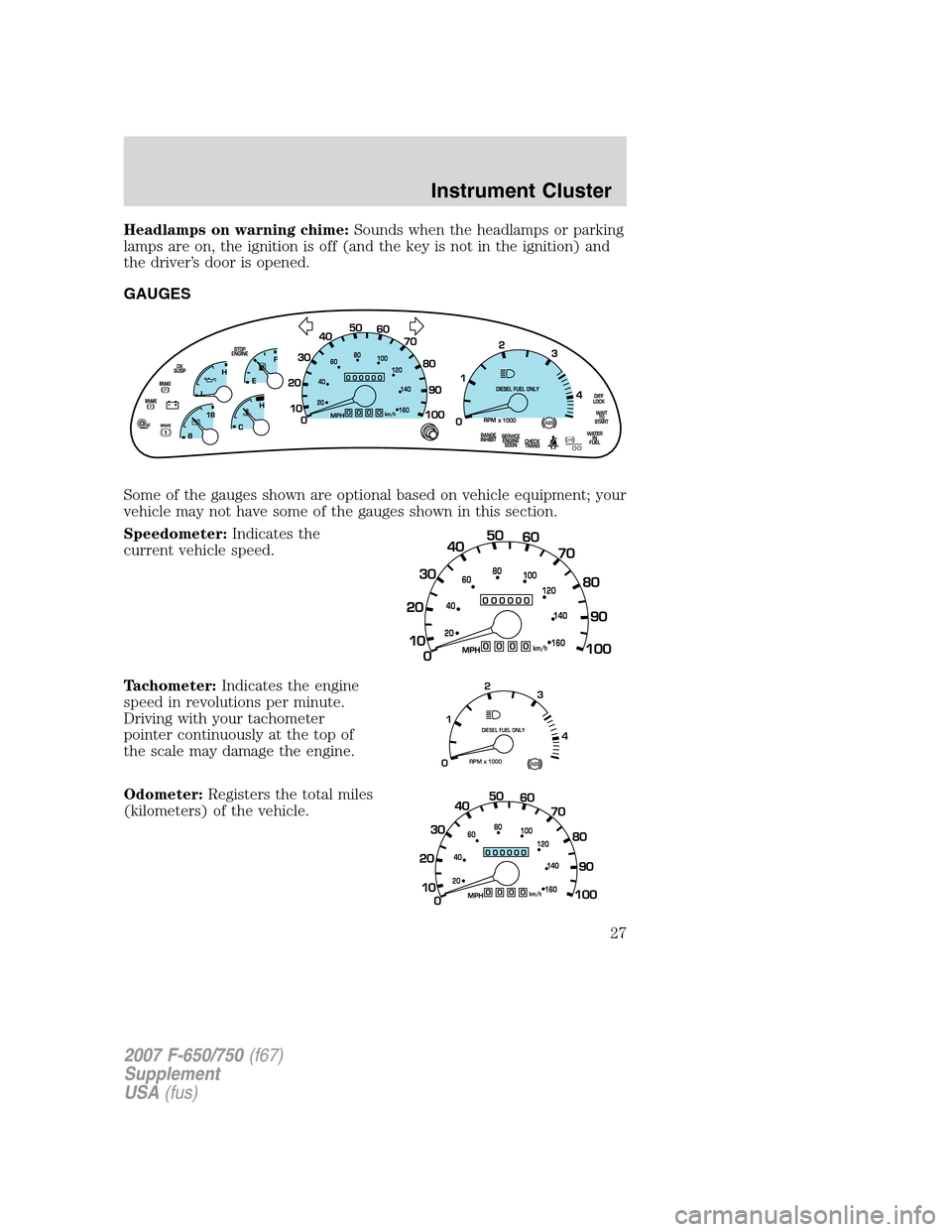 FORD F750 2007 11.G Owners Manual Headlamps on warning chime:Sounds when the headlamps or parking
lamps are on, the ignition is off (and the key is not in the ignition) and
the driver’s door is opened.
GAUGES
Some of the gauges show