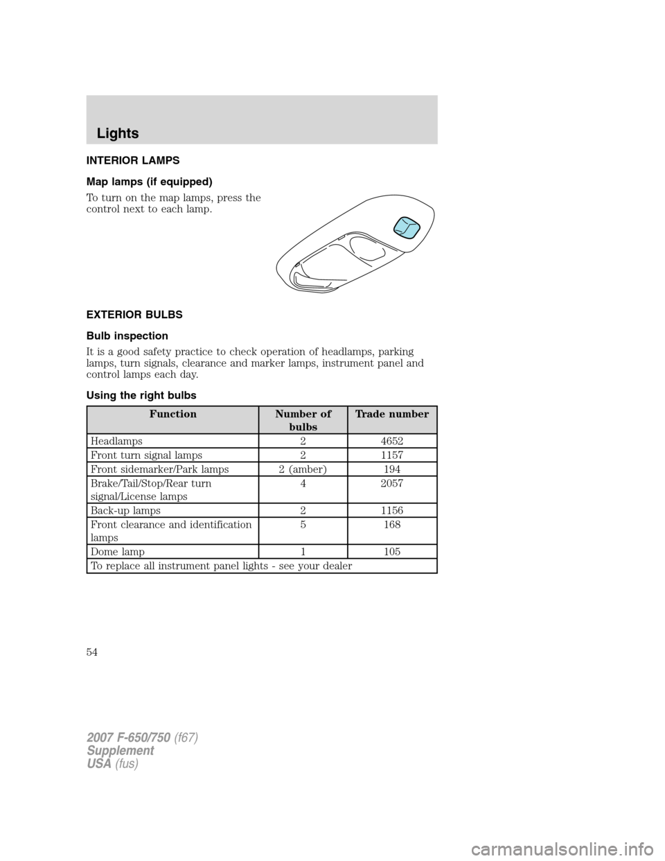 FORD F650 2007 11.G Workshop Manual INTERIOR LAMPS
Map lamps (if equipped)
To turn on the map lamps, press the
control next to each lamp.
EXTERIOR BULBS
Bulb inspection
It is a good safety practice to check operation of headlamps, parki
