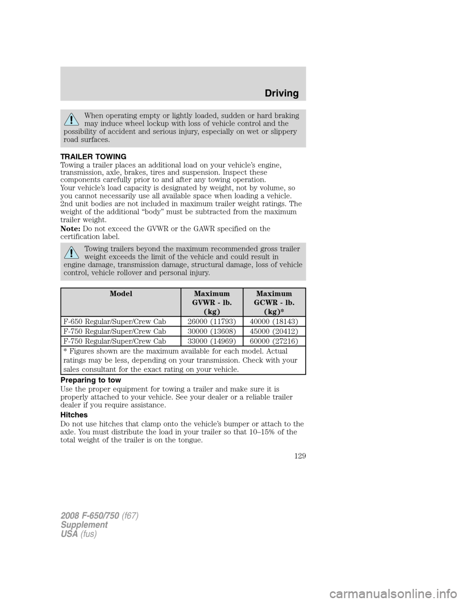 FORD F650 2008 11.G Owners Manual When operating empty or lightly loaded, sudden or hard braking
may induce wheel lockup with loss of vehicle control and the
possibility of accident and serious injury, especially on wet or slippery
ro FORD F650 2008 11.G Owners Manual When operating empty or lightly loaded, sudden or hard braking
may induce wheel lockup with loss of vehicle control and the
possibility of accident and serious injury, especially on wet or slippery
ro