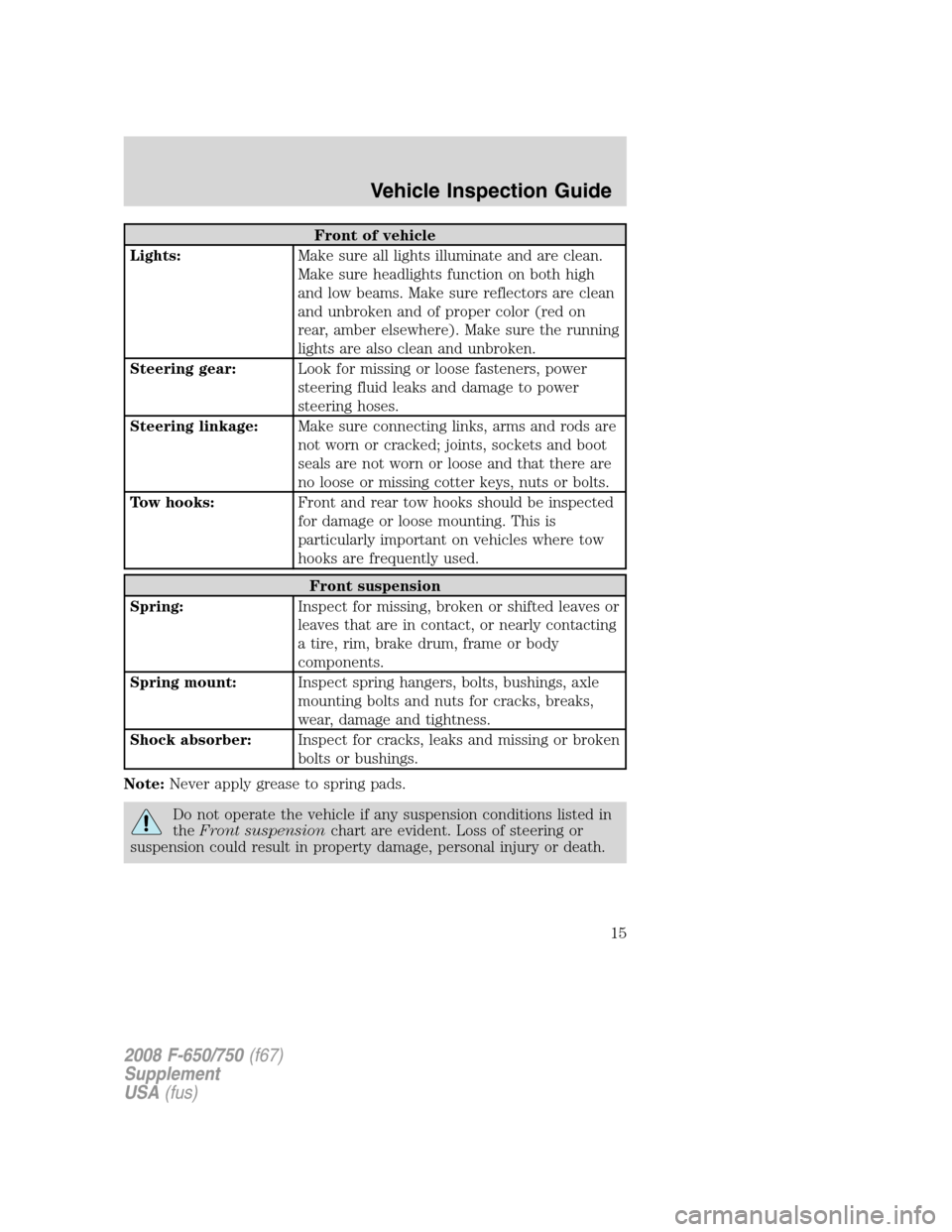 FORD F650 2008 11.G User Guide Front of vehicle
Lights:Make sure all lights illuminate and are clean.
Make sure headlights function on both high
and low beams. Make sure reflectors are clean
and unbroken and of proper color (red on FORD F650 2008 11.G User Guide Front of vehicle
Lights:Make sure all lights illuminate and are clean.
Make sure headlights function on both high
and low beams. Make sure reflectors are clean
and unbroken and of proper color (red on