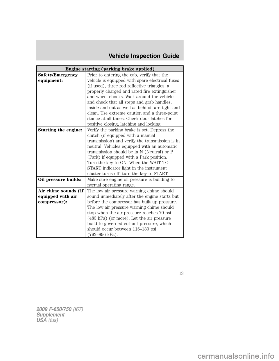 FORD F650 2009 12.G Owners Manual Engine starting (parking brake applied)
Safety/Emergency
equipment:Prior to entering the cab, verify that the
vehicle is equipped with spare electrical fuses
(if used), three red reflective triangles,