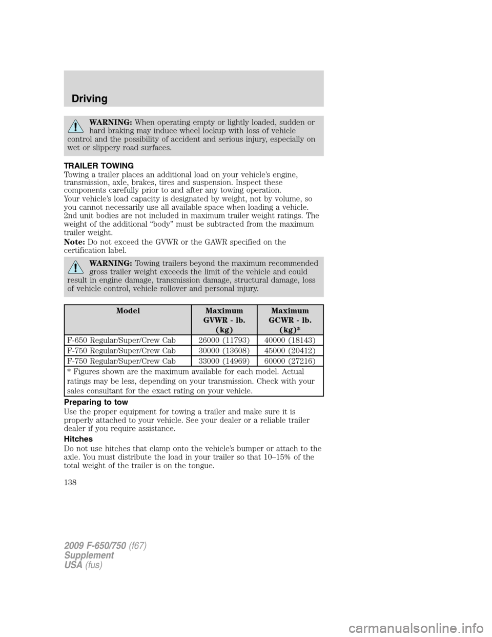 FORD F650 2009 12.G Owners Manual WARNING:When operating empty or lightly loaded, sudden or
hard braking may induce wheel lockup with loss of vehicle
control and the possibility of accident and serious injury, especially on
wet or sli