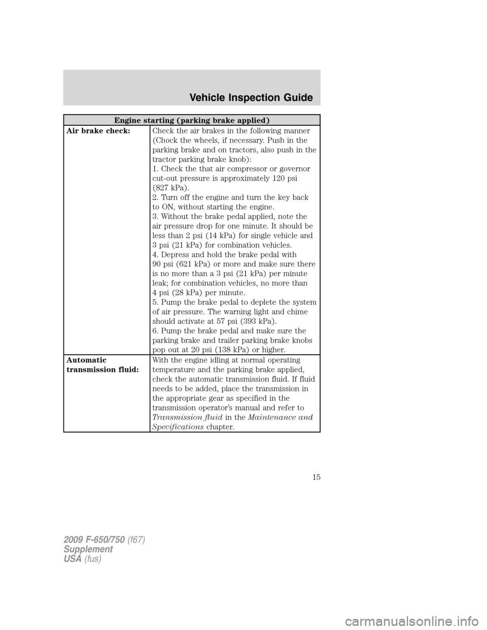FORD F650 2009 12.G User Guide Engine starting (parking brake applied)
Air brake check:Check the air brakes in the following manner
(Chock the wheels, if necessary. Push in the
parking brake and on tractors, also push in the
tracto FORD F650 2009 12.G User Guide Engine starting (parking brake applied)
Air brake check:Check the air brakes in the following manner
(Chock the wheels, if necessary. Push in the
parking brake and on tractors, also push in the
tracto