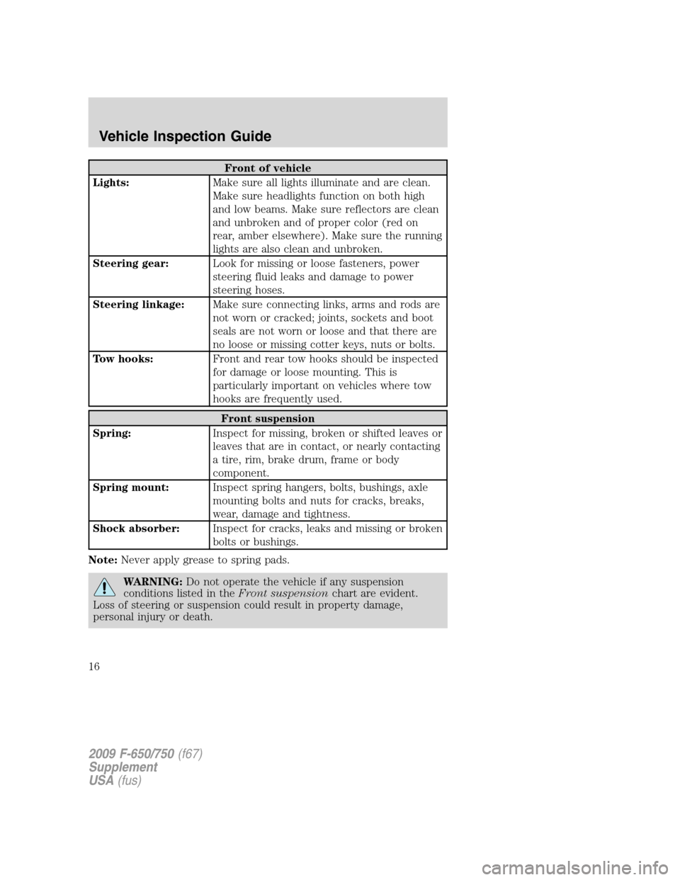 FORD F650 2009 12.G User Guide Front of vehicle
Lights:Make sure all lights illuminate and are clean.
Make sure headlights function on both high
and low beams. Make sure reflectors are clean
and unbroken and of proper color (red on FORD F650 2009 12.G User Guide Front of vehicle
Lights:Make sure all lights illuminate and are clean.
Make sure headlights function on both high
and low beams. Make sure reflectors are clean
and unbroken and of proper color (red on