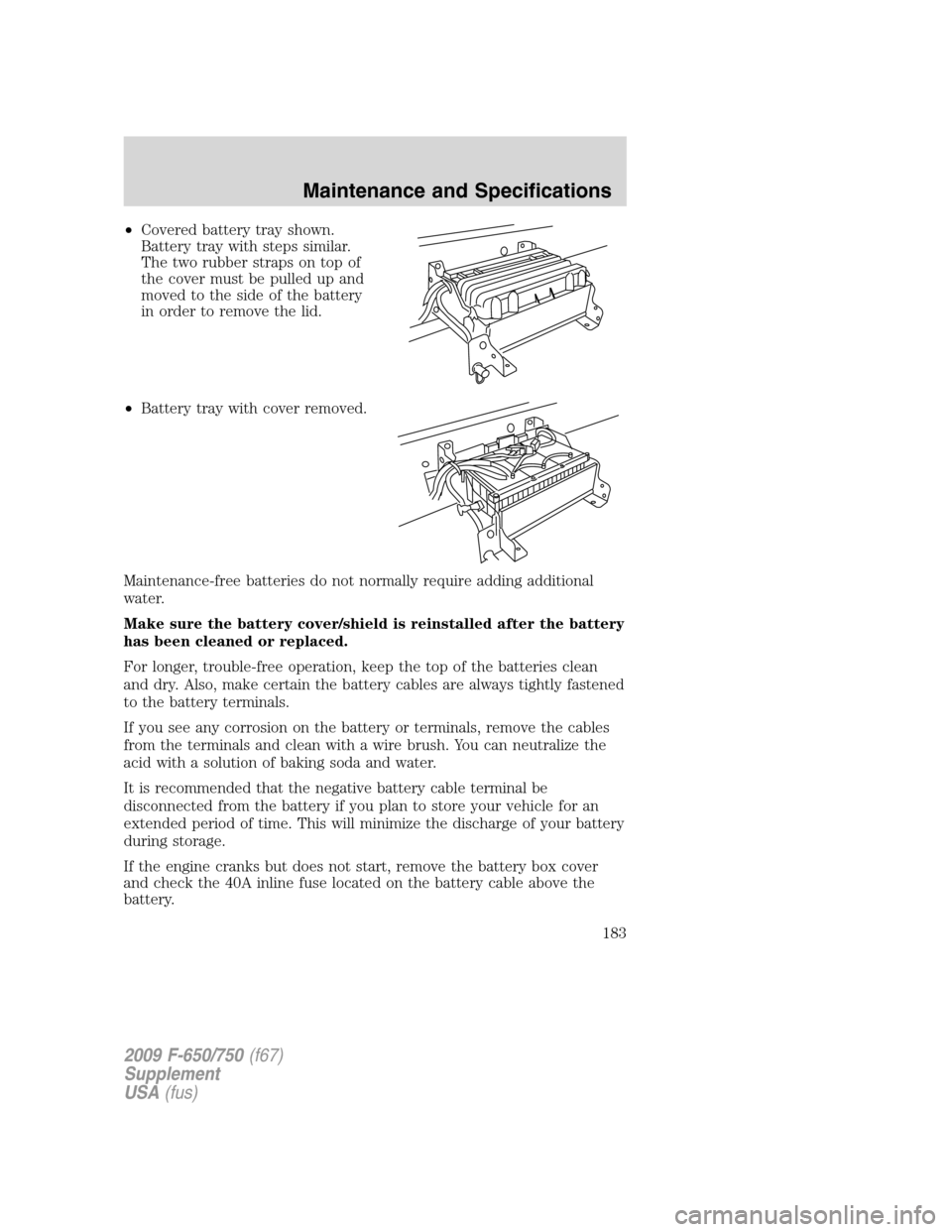 FORD F650 2009 12.G Owners Manual •Covered battery tray shown.
Battery tray with steps similar.
The two rubber straps on top of
the cover must be pulled up and
moved to the side of the battery
in order to remove the lid.
•Battery 