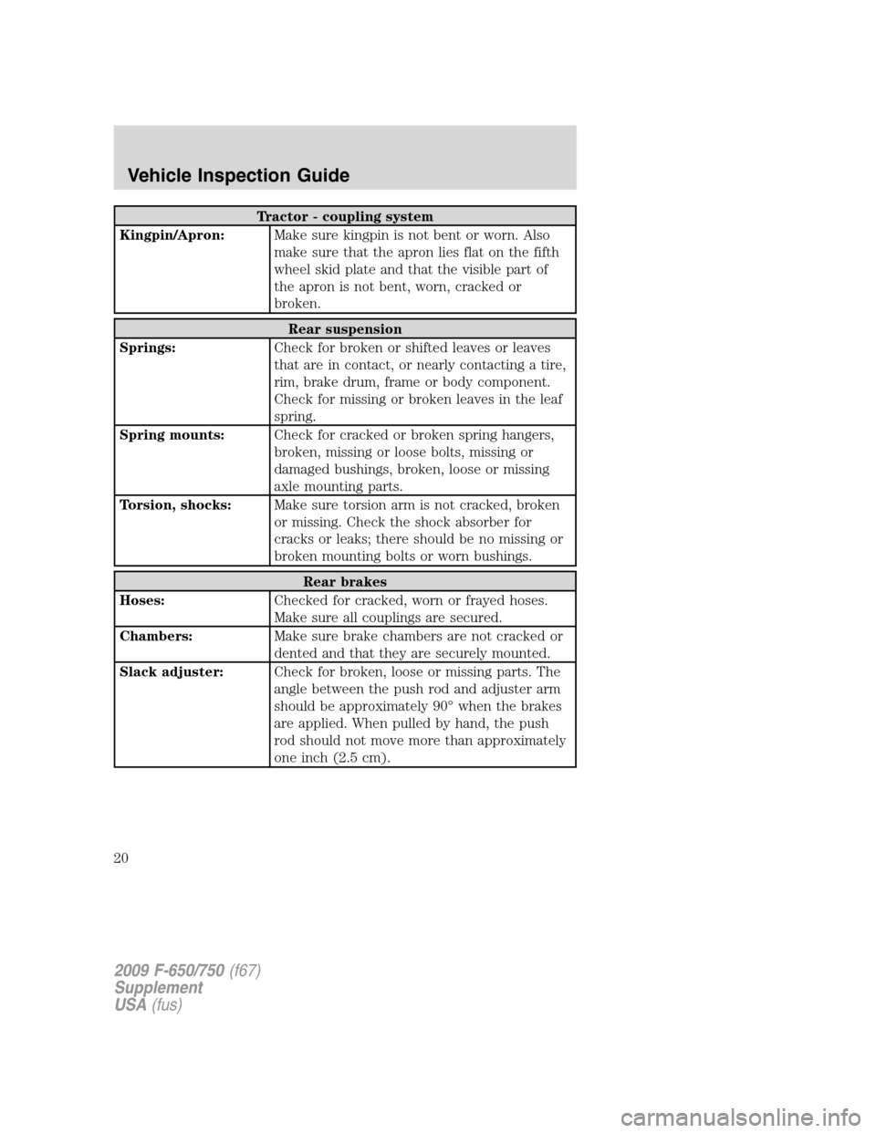 FORD F650 2009 12.G User Guide Tractor - coupling system
Kingpin/Apron:Make sure kingpin is not bent or worn. Also
make sure that the apron lies flat on the fifth
wheel skid plate and that the visible part of
the apron is not bent, FORD F650 2009 12.G User Guide Tractor - coupling system
Kingpin/Apron:Make sure kingpin is not bent or worn. Also
make sure that the apron lies flat on the fifth
wheel skid plate and that the visible part of
the apron is not bent,