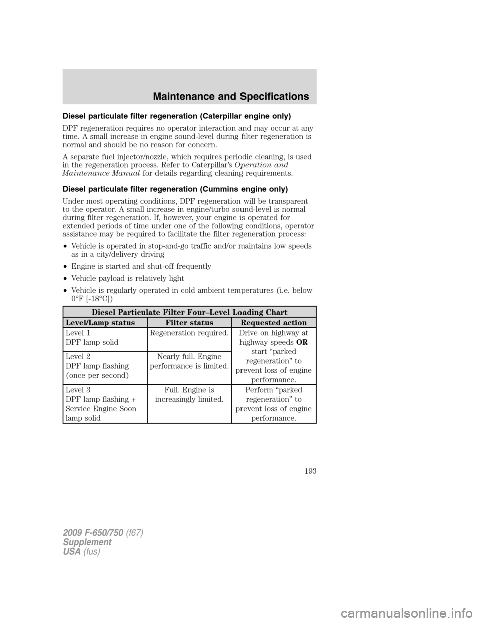 FORD F650 2009 12.G Owners Manual Diesel particulate filter regeneration (Caterpillar engine only)
DPF regeneration requires no operator interaction and may occur at any
time. A small increase in engine sound-level during filter regen FORD F650 2009 12.G Owners Manual Diesel particulate filter regeneration (Caterpillar engine only)
DPF regeneration requires no operator interaction and may occur at any
time. A small increase in engine sound-level during filter regen