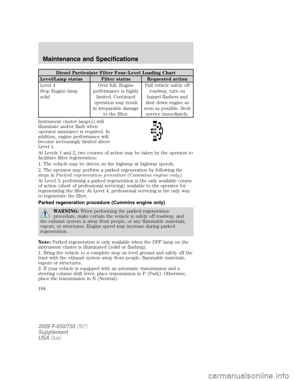 FORD F650 2009 12.G Owners Manual Diesel Particulate Filter Four–Level Loading Chart
Level/Lamp status Filter status Requested action
Level 4
Stop Engine lamp
solidOver full. Engine
performance is highly
limited. Continued
operation FORD F650 2009 12.G Owners Manual Diesel Particulate Filter Four–Level Loading Chart
Level/Lamp status Filter status Requested action
Level 4
Stop Engine lamp
solidOver full. Engine
performance is highly
limited. Continued
operation